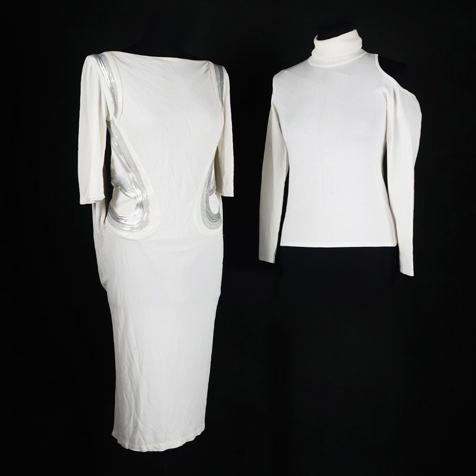 Versace: a white short-sleeved dress in gray crepe and sequins (yellowed collar profile) TOGETHER WITH with a white knitted turtleneck sweater (small spots)