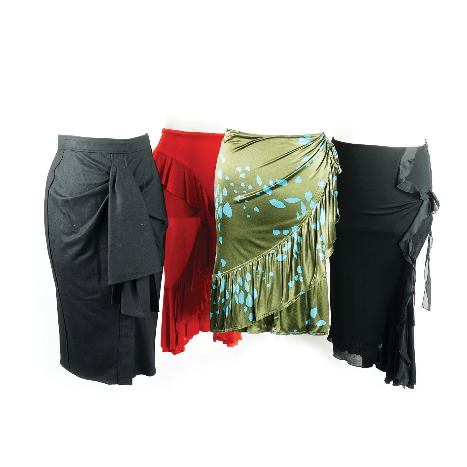 Yves Saint Laurent: 4 skirts: two black (one size S), one red (size M) and one with a green background with turquoise hearts, size S
