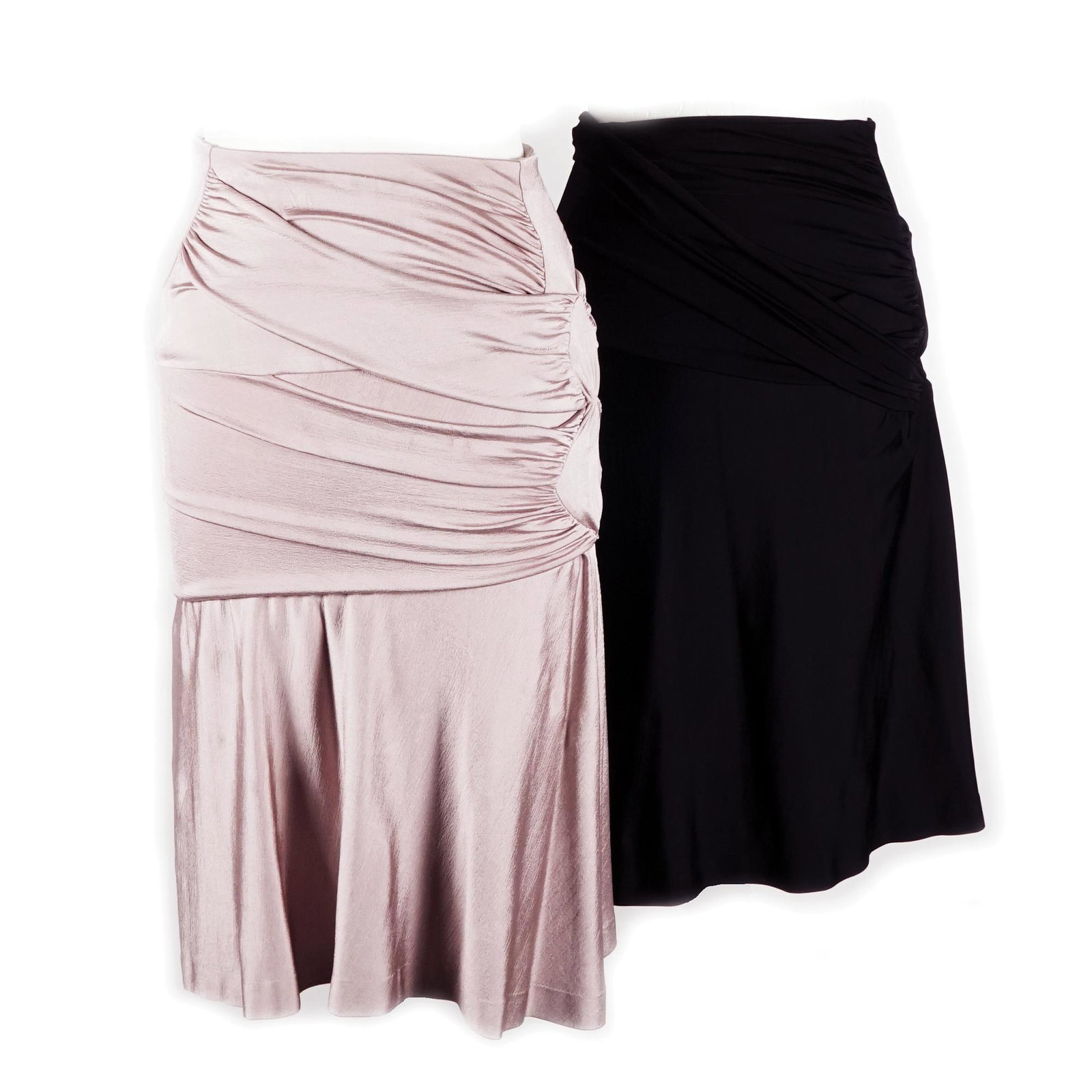 Yves Saint Laurent: two viscose skirts of the same model but in different colors, black and pink