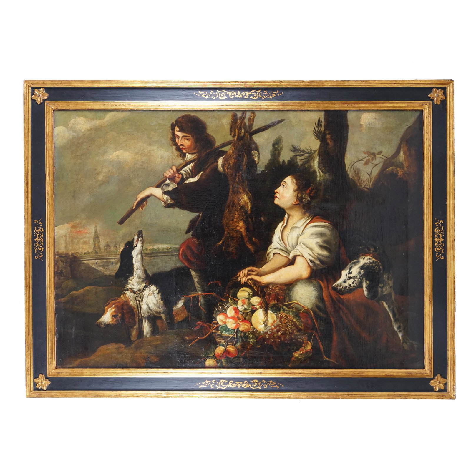 Jan Fyt (attr.): Landscape with peasants, game and fruit basket oil on canvas, 122by173cm.