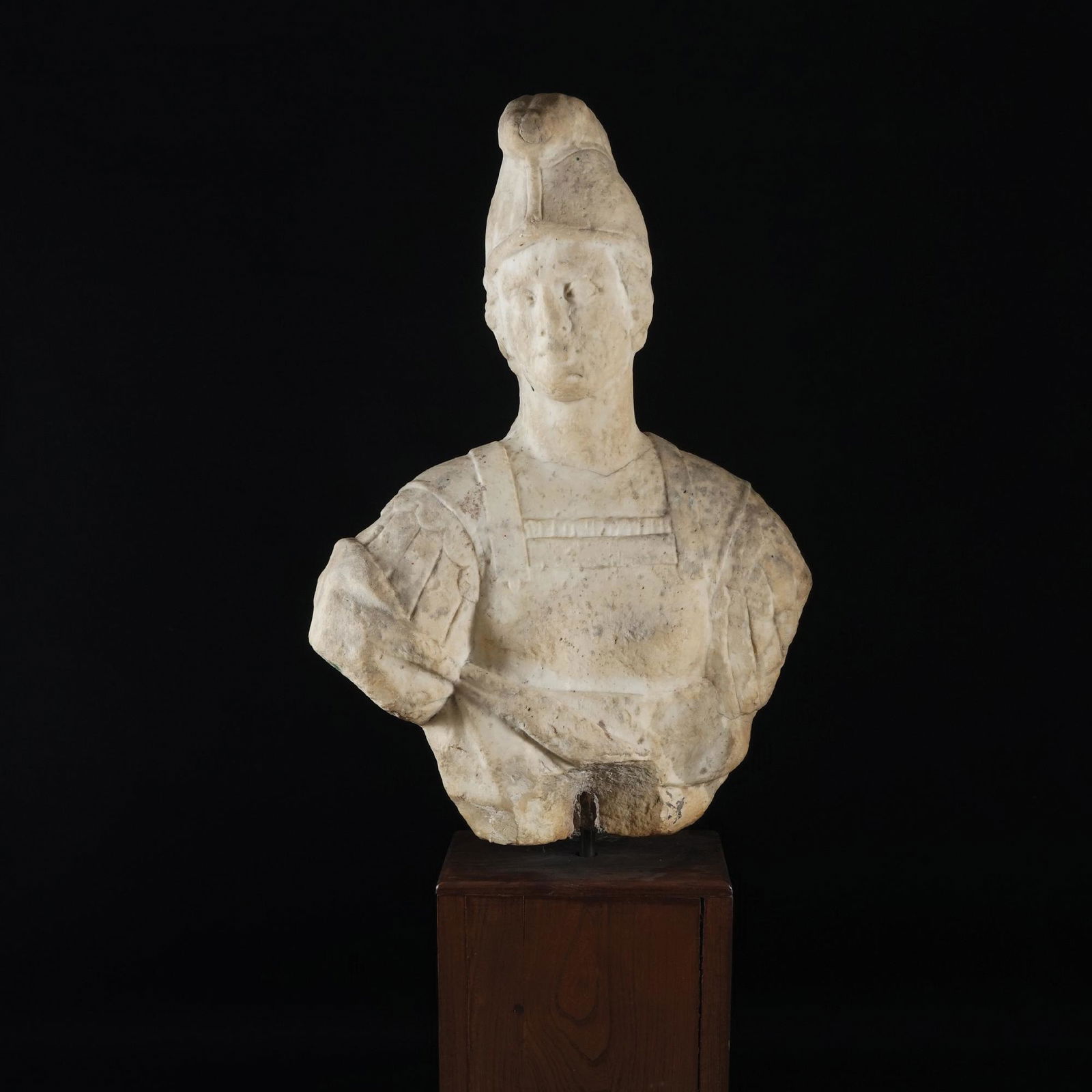 A white marble bust of a warrior with feathered helmet, early 18th century (1 of 1)