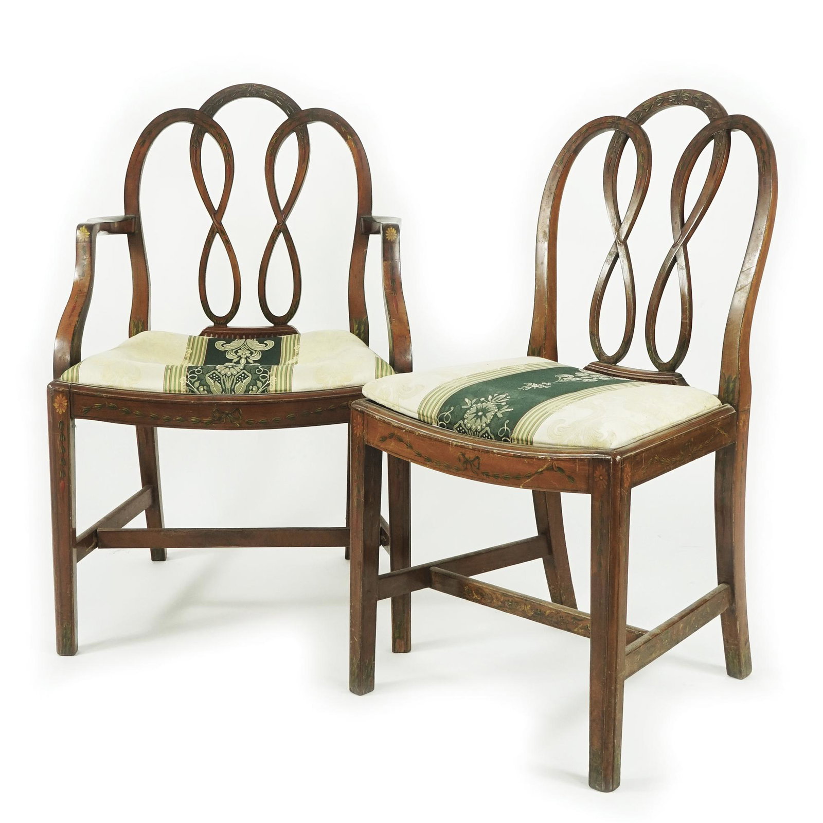 An English painted satin wood chair and an armchair, late 18th century: the chair 95x50x42cm.; the armchair 95x60x48cm.