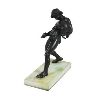 Sabatino De Angelis: Satyr with wineskinpatinated bronze on rectangular marble base, overall cm. 57x48x22Signature on the base: Sabatino De AngelisFrom the original found during the excavations of Pompeii and preserved in