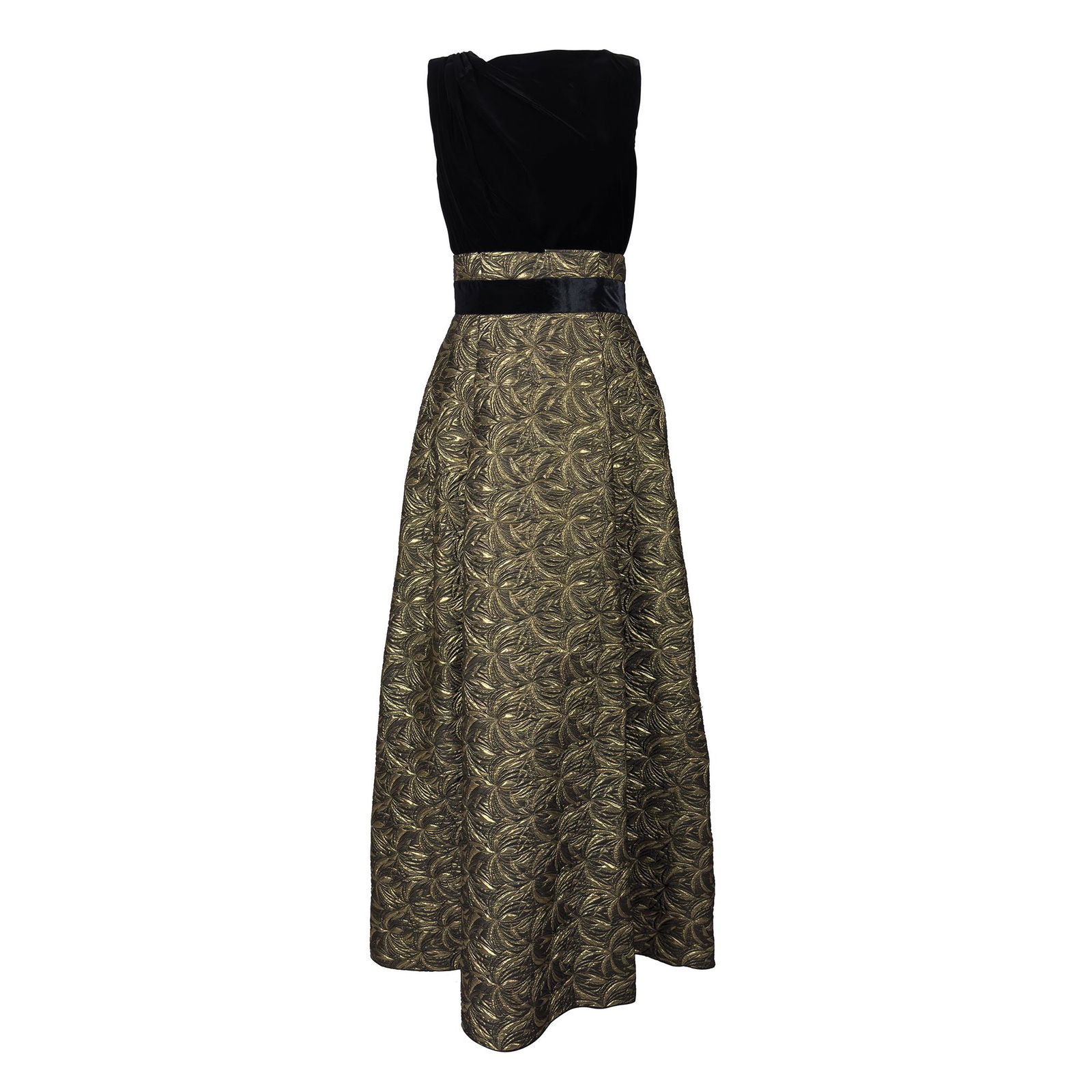 Max Mara: long dress with black velvet bodice and golden brocade skirt.90's, size 44 (indicative) (worn)