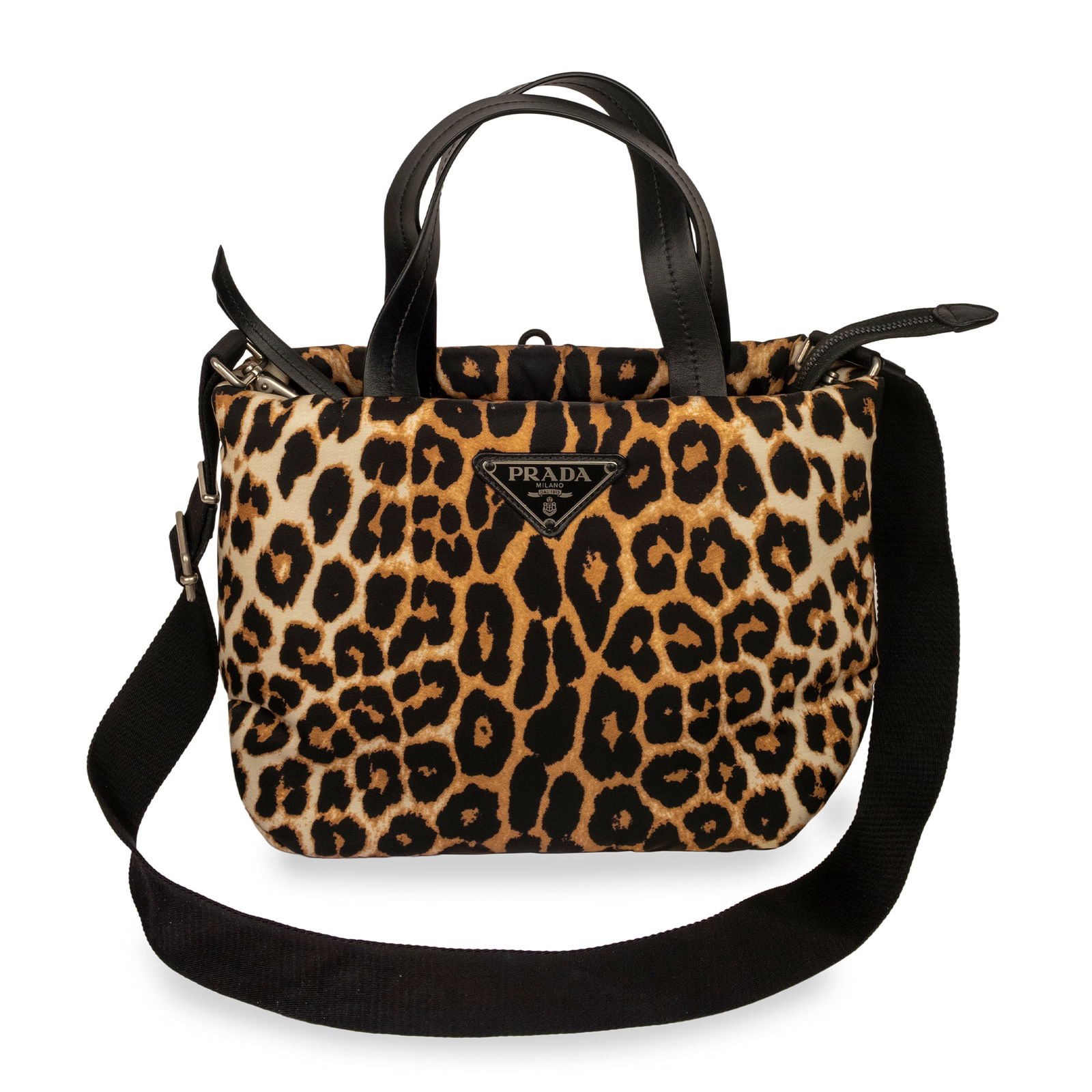 Prada: animal print nylon bag complete with shoulder strap, cm. 21.5x34x12.5. Please note that each lot may have defects, stains or imperfections not noted in the catalog.