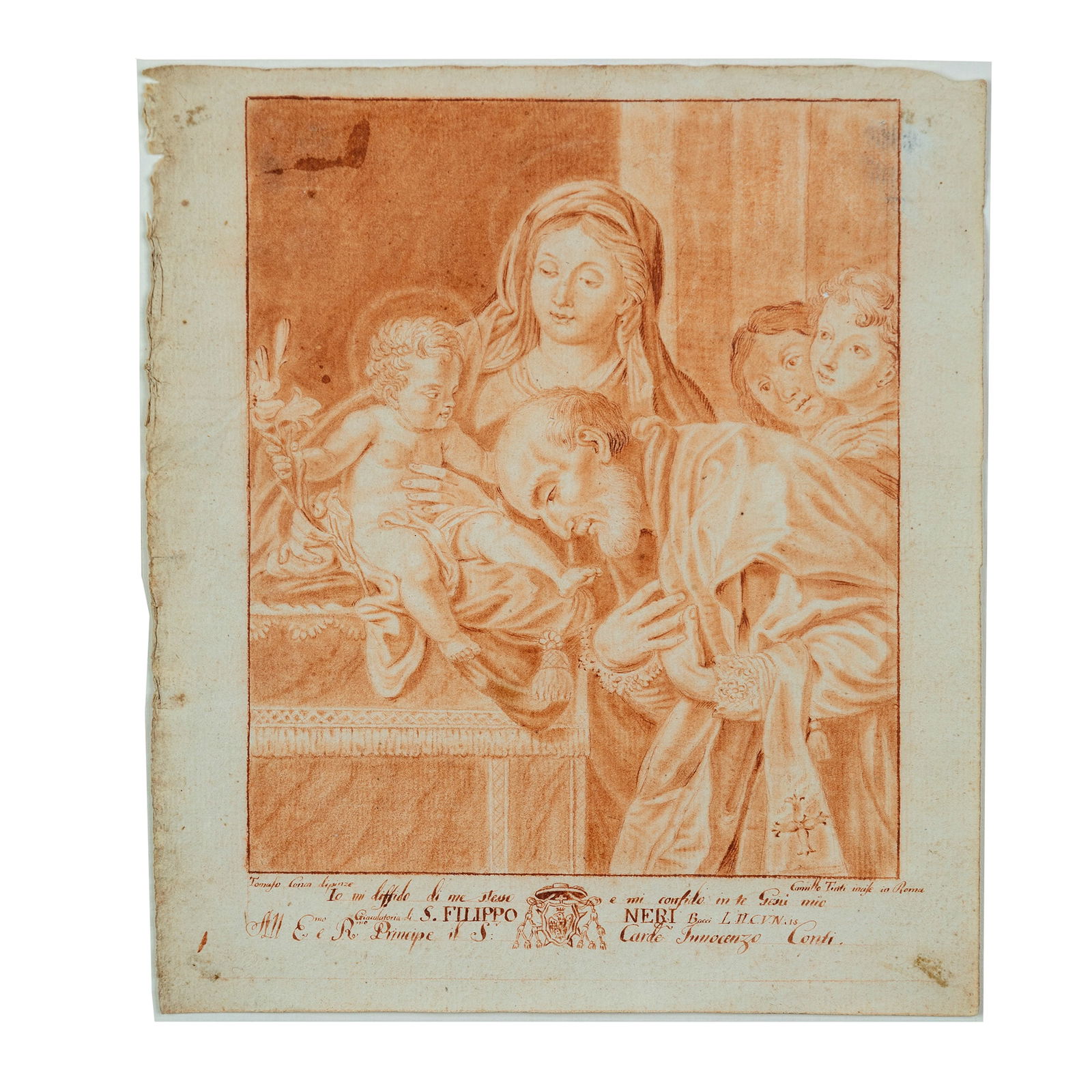 Tommaso Conca: Saint Philip Neri adores the Child Jesussanguine drawing on paper, the sheet cm. 31x27.5