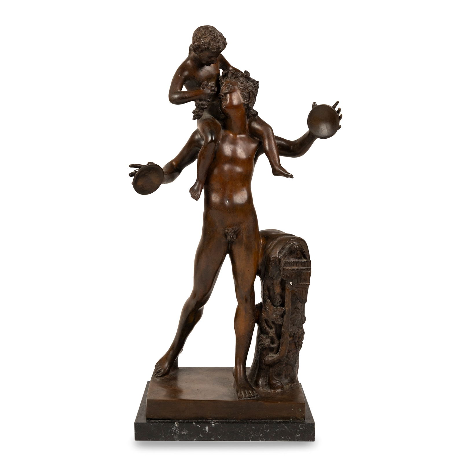 Faun carrying Bacchus, patinated bronze sculpture, early 20th century (1 of 1)