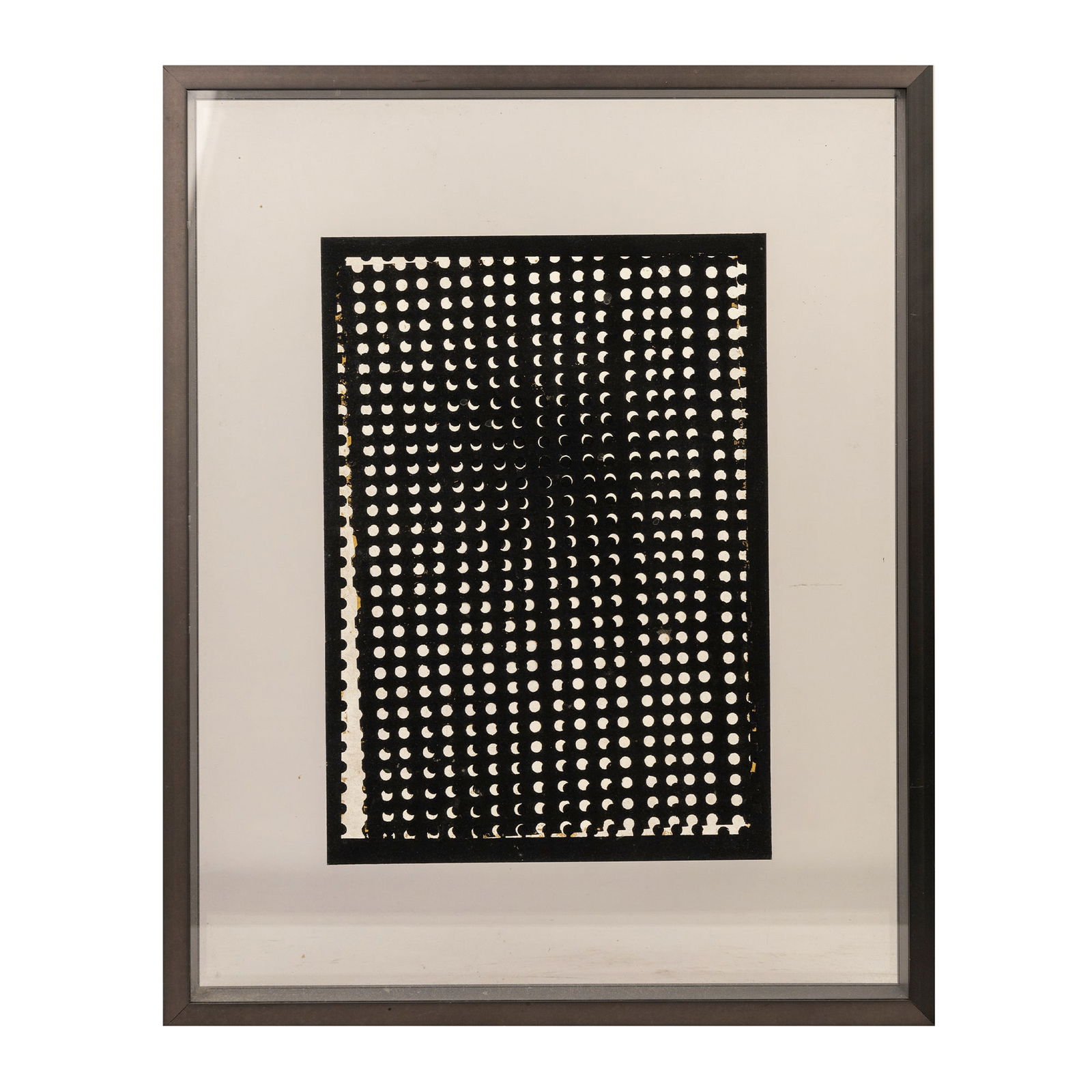 Alberto Biasi: Trama, 1958oil on pressed cardboard in a glass frame, overall cm. 46.5x37x5On the back, signature, year and title: A.Biasi 1958 Trama