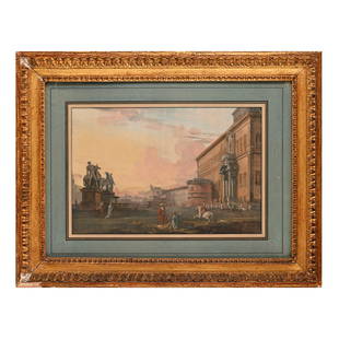 Jean Baptiste Lallemand: View of Piazza Monte Cavallo with the Quirinale Palacetempera and watercolor on paper, light: cm. 29x43Signed on lower center: Lalman f.