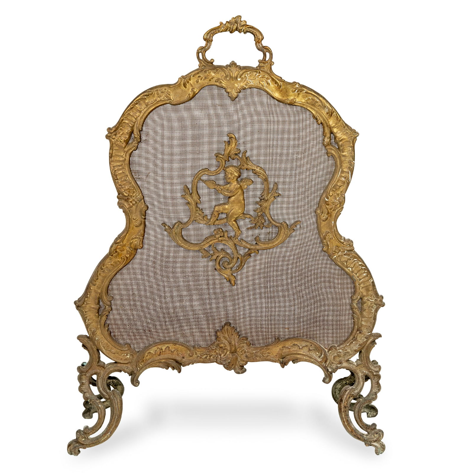 Fire screen in bronze and brass: with curved profile, characterized in the center by the figure of a winged putto in the act of operating a bellows, volute feet, cm. 78x58