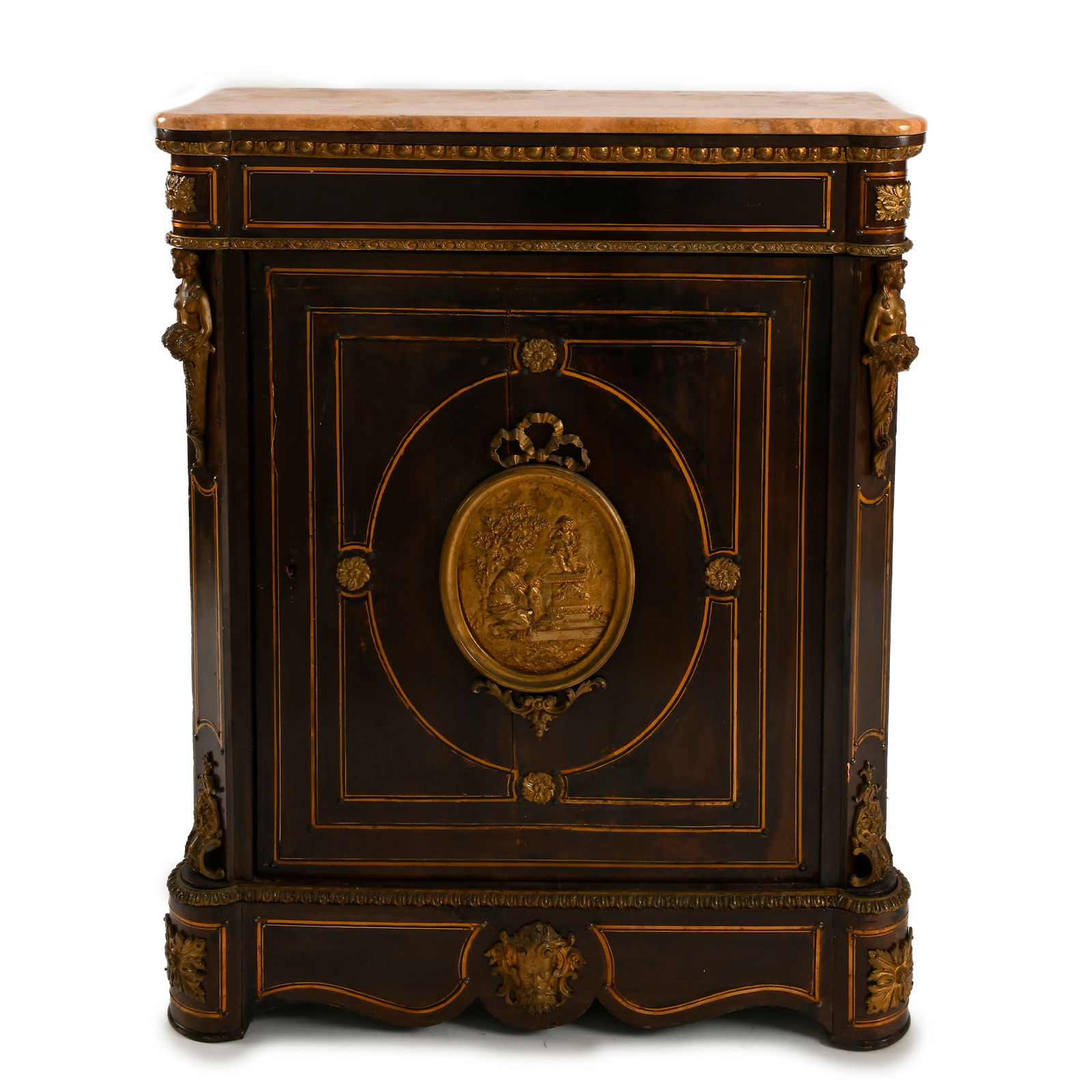 Ebonized wood sideboard, France, late 19th century: decorated with gilt metal applications and threaded in brass. Front of a door centered by an oval plaque chiseled with a classical subject; marble top, cm. 112x90x40 (defects)