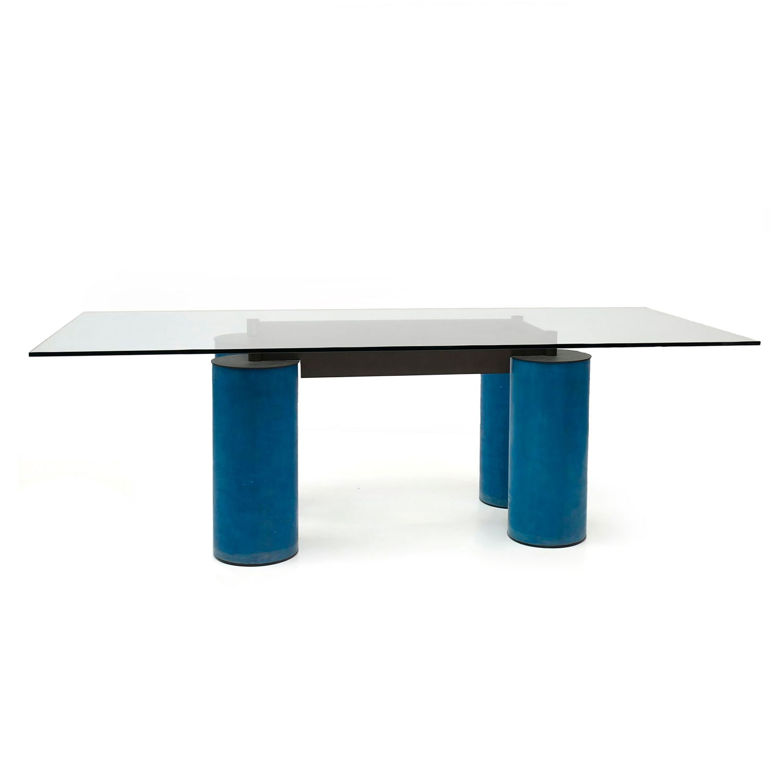 Serenissimo table by Lella & Massimo Vignelli, David Law for Acerbis, 1985-2021: with a rectangular top in thick glass (original) and cylindrical uprights in encaustic painted steel tube in soft shades of sky blue, inspired by the nuances of the palette of Francesco Guardi's 18th