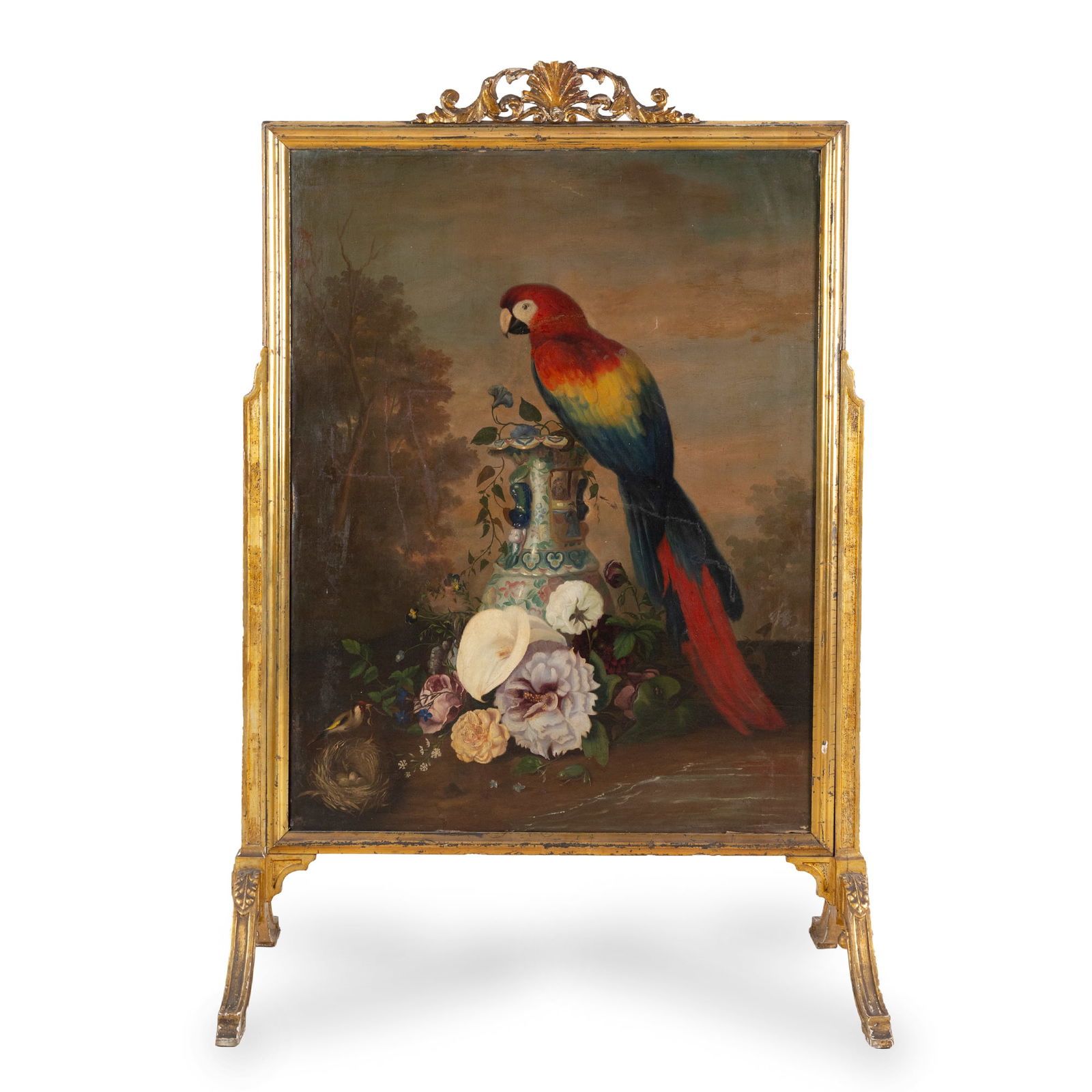 19th century painter: Still life with flowers, bird, Chinese vase and parrotoil on canvas, cm. 105x81.Mounted in a gilt wood support as a fire protection, total size: cm. 143x95x50