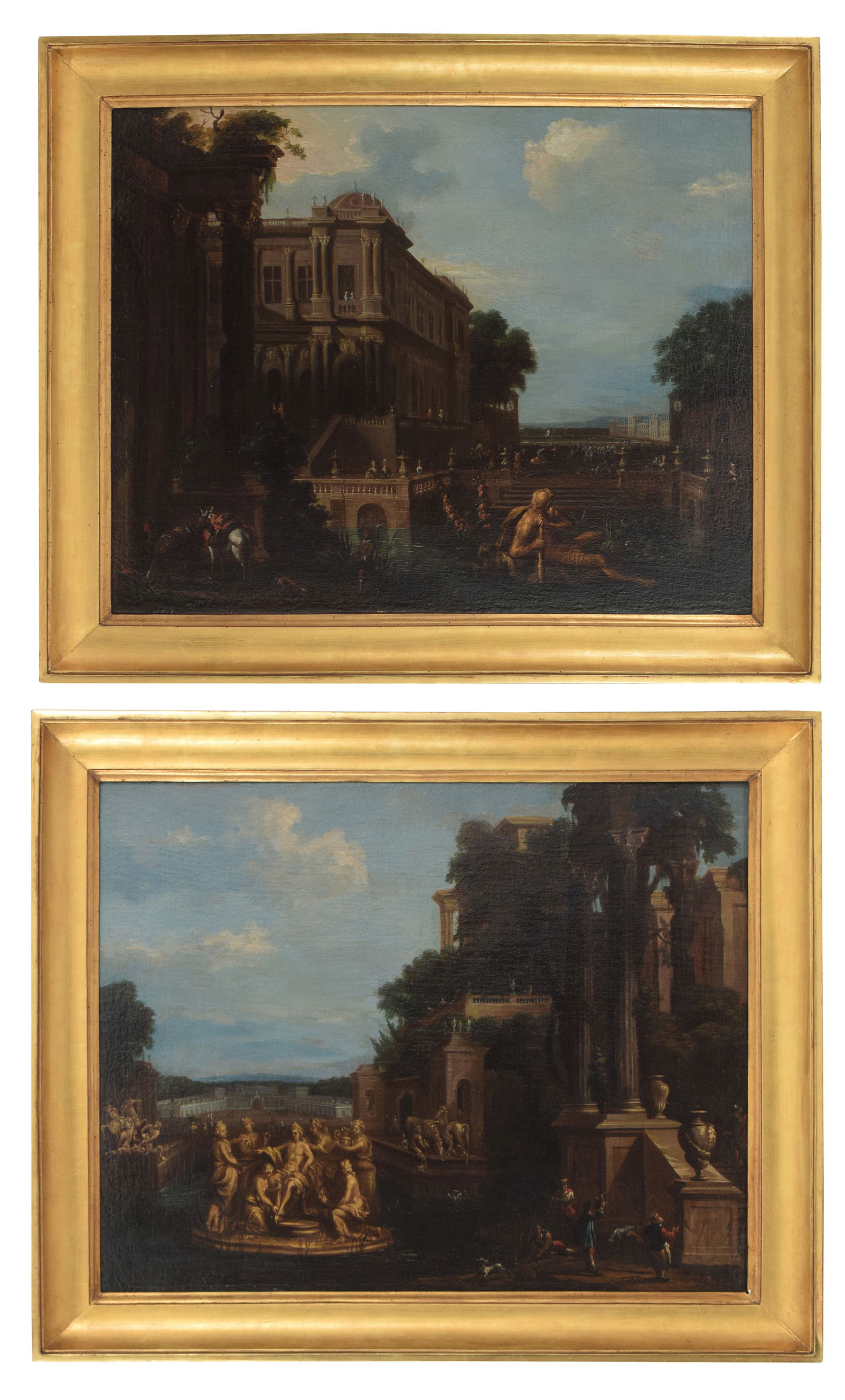 Isaac de Moucheron: Imaginative view of a villa with figures and water gardenspair of oil on canvas, cm. 57x74