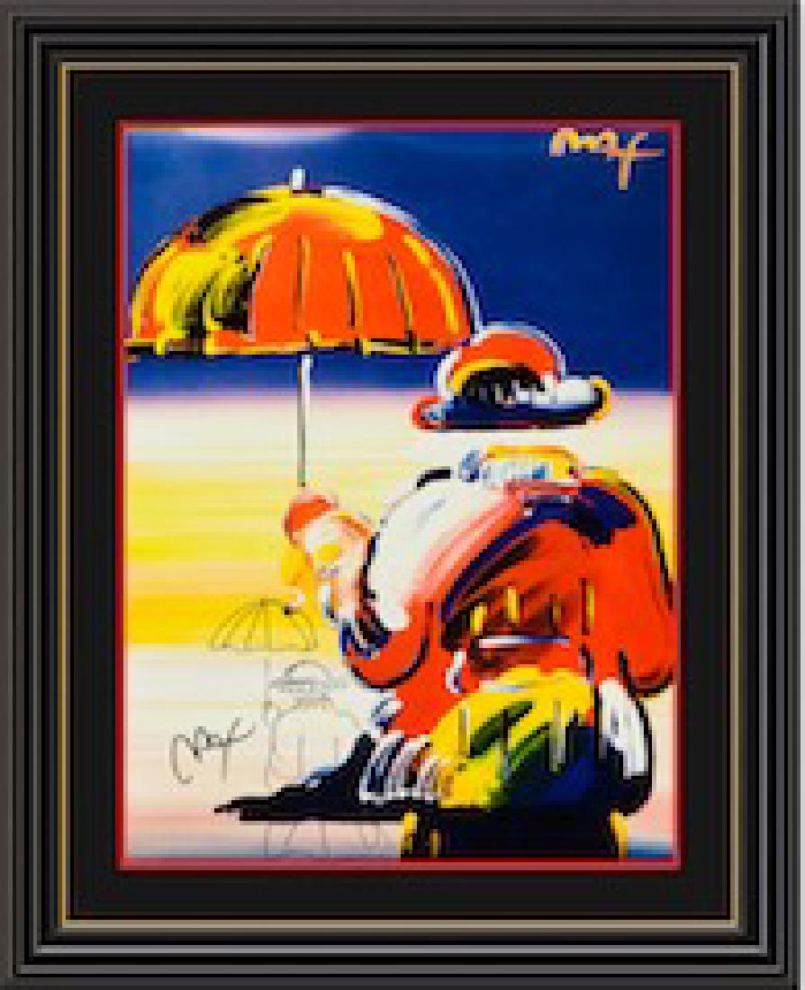 Signed Peter Max Mixed Media: Title: Umbrella Man at Sunset Artist: Peter Max Year Printed: Unknown Hand Sign By Artist Medium: Fine art mixed media on paper Dimensions: 24 x 18 Inches A certificate of authenticity is provid