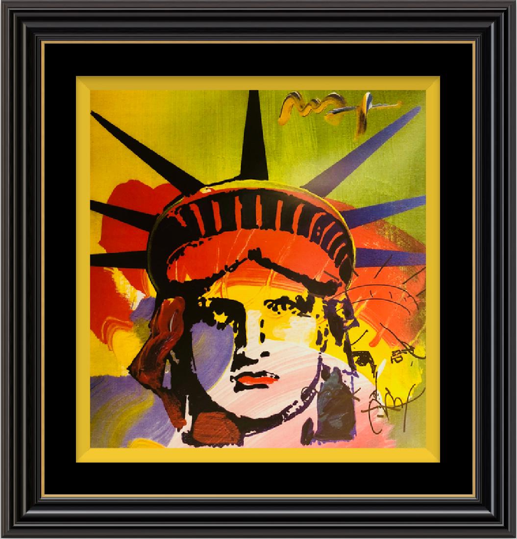 Signed Peter Max Mixed Media: Title: Statue of LIBERTY HEAD Artist: Peter Max Year Printed: Unknown Signature: Hand Sign by Artist Medium: Fine art mixed media on paper Dimensions: 25 X 25 Inches A certificate of authentici