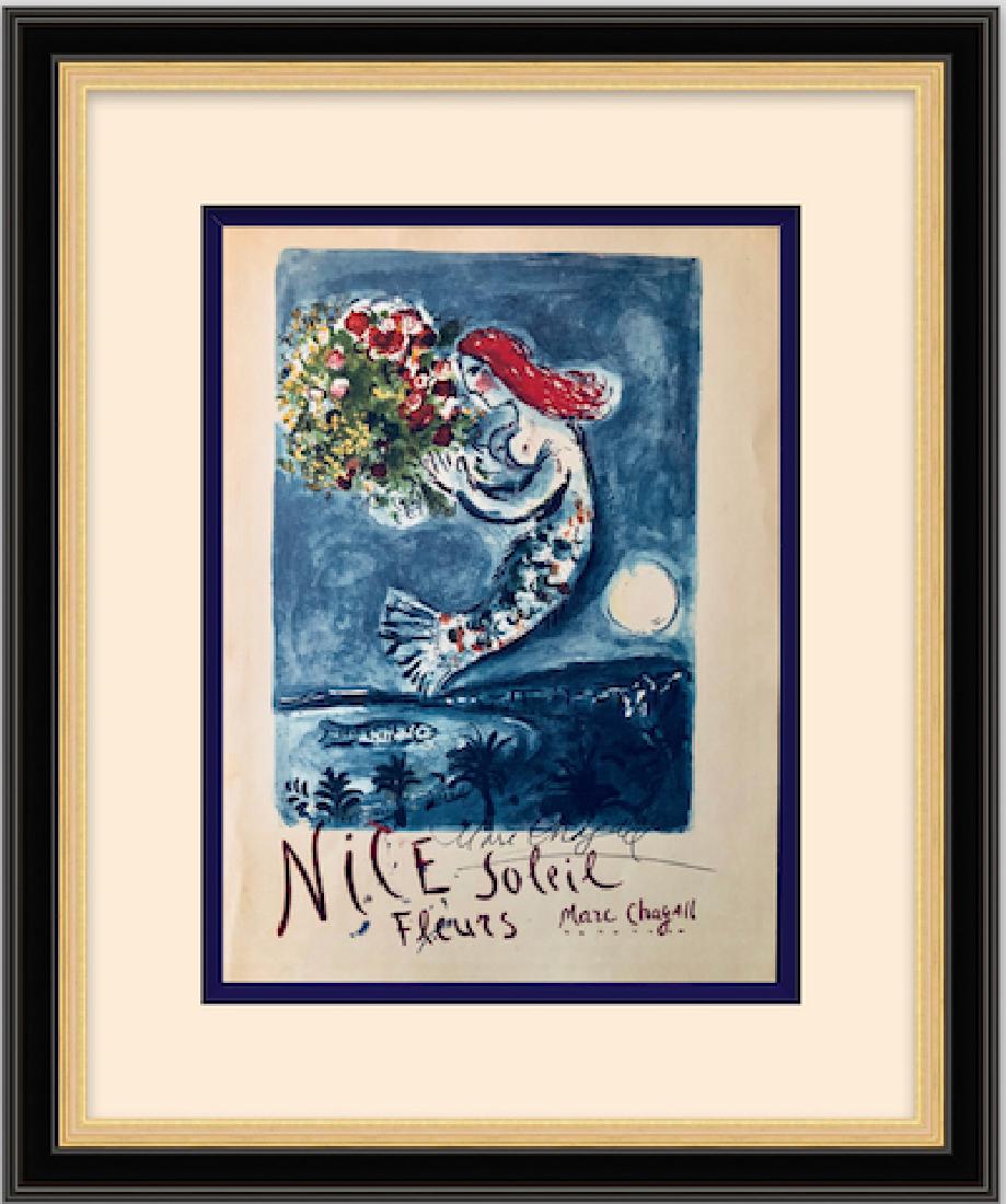 Signed Marc Chagall Lithograph: FREE SHIPPING TO THE USA! PROFESSIONALLY CUSTOM GALLERY FRAMED!! MARC CHAGALL 'Nice Soleil Fleurs' Lithograph in colors, on paper, from the signed edition in good age appropriate condition. The unfram