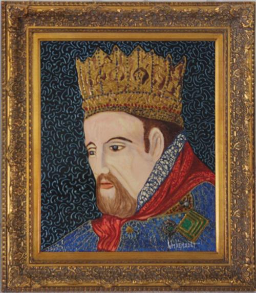 King Philip #2987 -Original By William Verdult: Original, Oil/Mixed Media Painting on panel board, (Gemstones & Chain affixted to panel board) Hand Signed by the artist William Verdult, Approximate Framed Size 32' x 27' Inches. WE ARE the exclusive