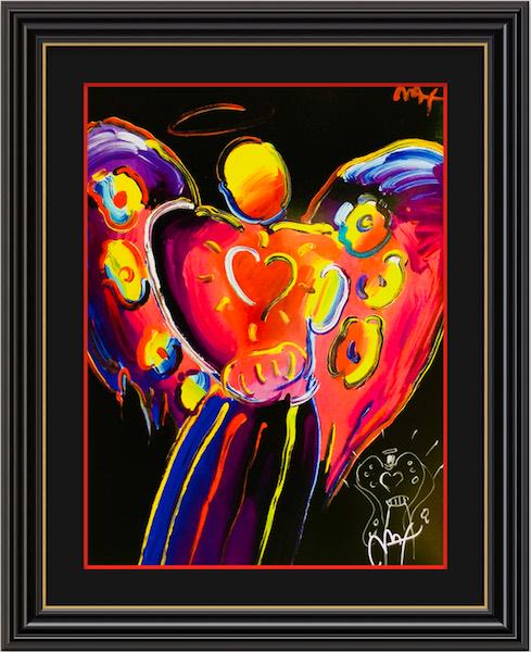 Hand Embeliished, Signed Peter Max Mixed Media: Title:Angel with Heart Artist: Peter Max Year Printed: Unknown Signature: Hand Embeliished, Sign by Artist Medium: Fine art mixed media on paper Dimensions: 19 X 25 Inches A certificate of authe