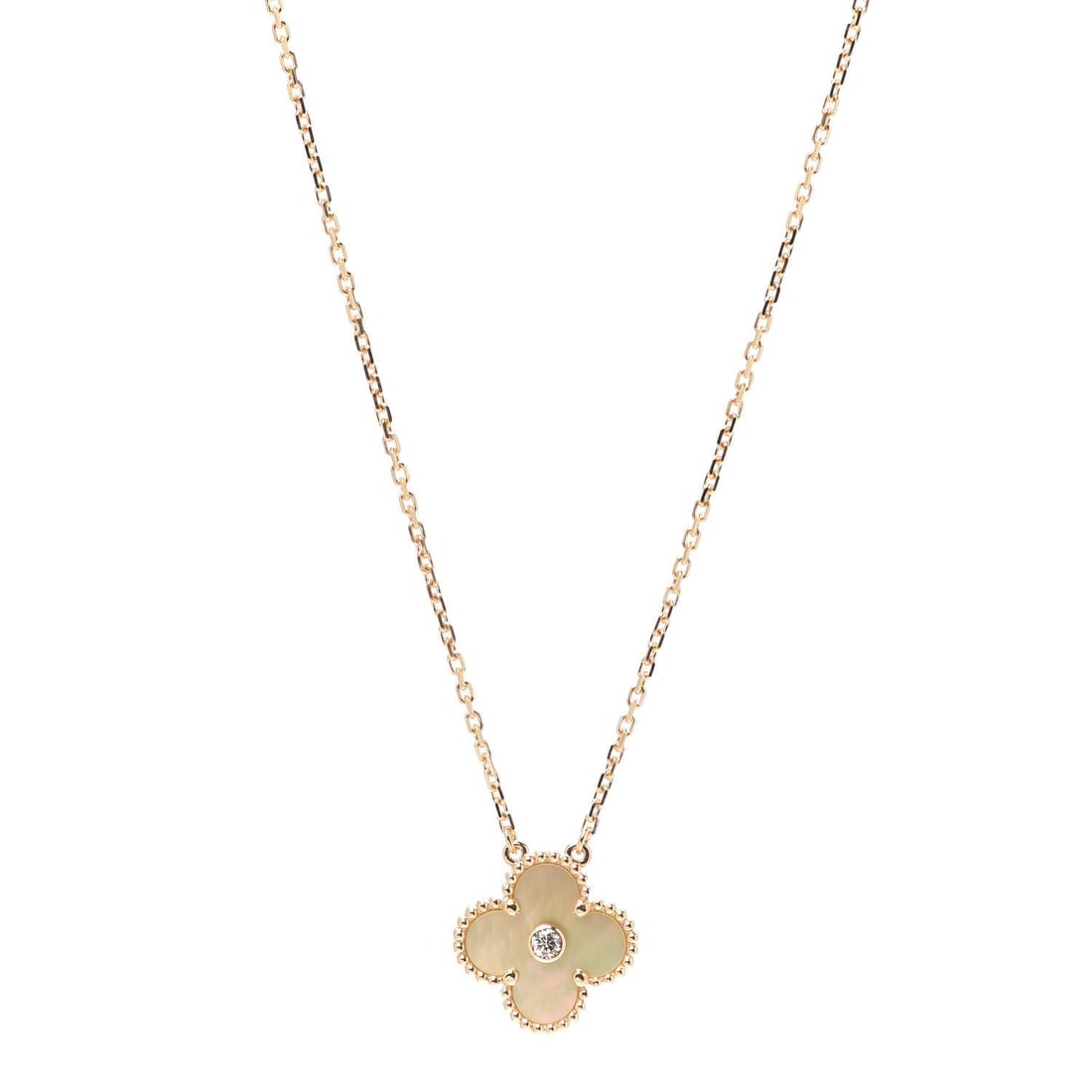 Van Cleef & Arpels Vintage Alhambra Pearl Diamond Holiday Pendant Necklace: Extremely Rare Holiday Limited Edition Yellow/Gold Mother of Pearl Vintage Alhambra Pendant NecklaceVery difficult to acquire in this condition and combination since this item is from 8+ years ago.18K