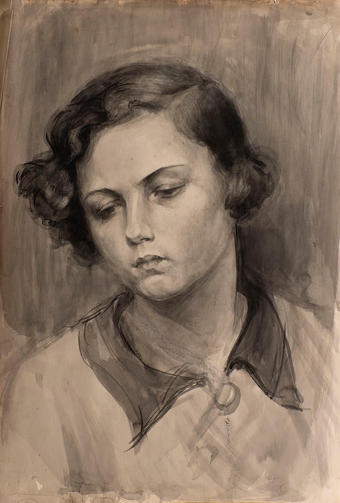 Morozov Konstantin Feofanovich (1894-1990) Honored Worker of Culture of the RSFSR, Laureate of the: Morozov Konstantin Feofanovich (1894-1990) Honored Worker of Culture of the RSFSR, Laureate of the Lenin Komsomol Prize. "Portrait of a Girl", 41.5 x 28.5 cm, mixed media on paper. Soviet graphic arti