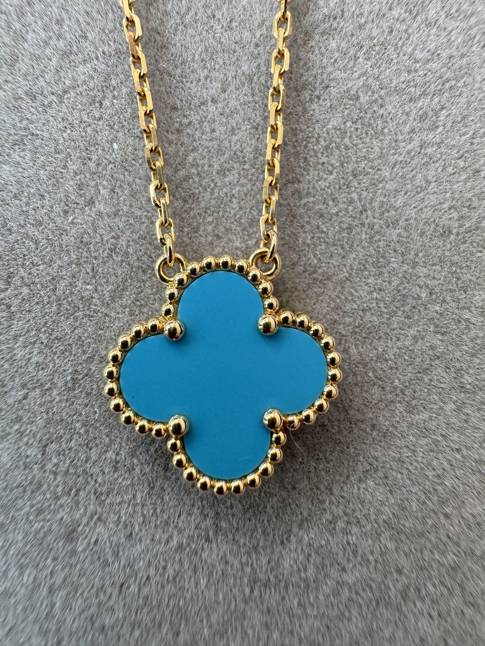 Van Cleef & Arpels Vintage Alhambra 1 Motif Blue Teal Turquoise 18K Yellow Gold Pendant Necklace (1 of 8)