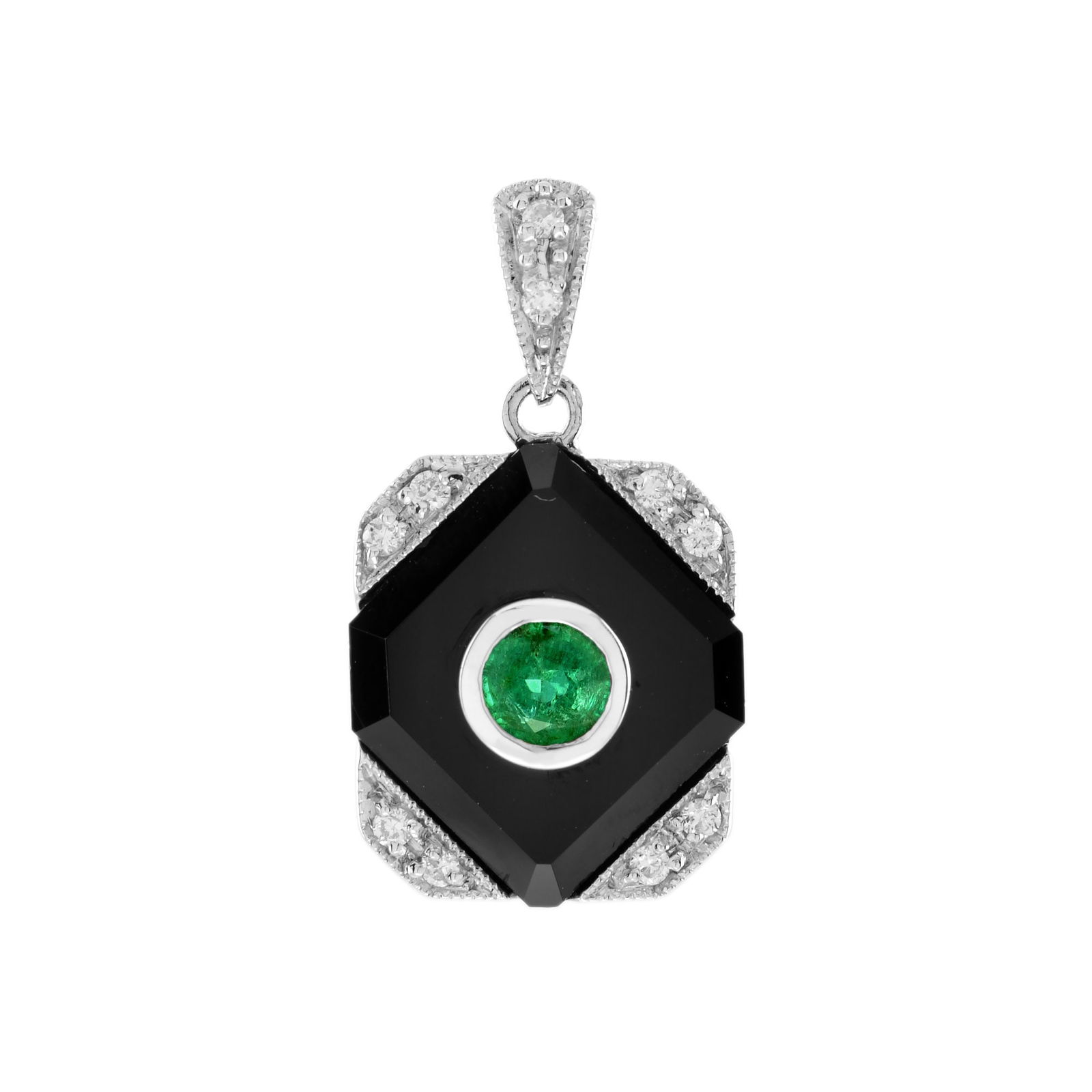 Art Deco Style Green Emerald, Black Onyx, and Diamond Pendant in White Gold (1 of 5)