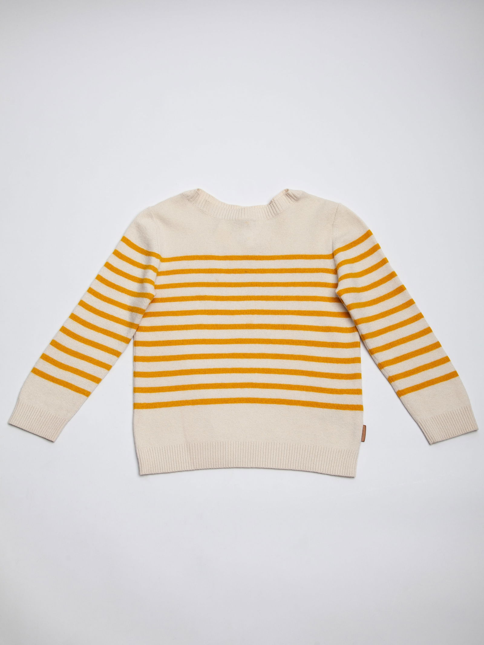 Burberry Kids White Cotton Sweater: Title: Burberry White Cotton Sweater for Kids Medium: Cotton Condition: Good Color: White with Yellow Stripes Size: True to size Additional Info: Ribbed neckline and cuffs for comfort