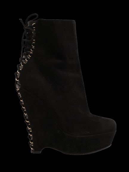 Saint Laurent Black Suede Wedge-Heeled Boots 37.5: Title: Saint Laurent Black Genuine Suede Wedge-Heeled Boots Medium: Genuine Suede Color: Black Size: 37.5 Condition: Excellent Description: These stunning wedge-heeled boots from the iconic