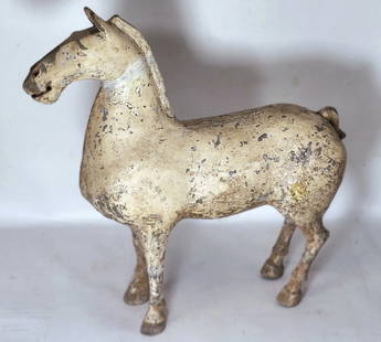 Antique Han Dynasty White Horse Sculpture: Title: Genuine Antique Han Dynasty White Horse Medium: Sculpture Origin/Year: China, 206 BC?220 AD Dimensions: 34cm L x 31cm H Condition: Aged with weathered finish Provenance: Unknown Ad