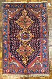 Malayyer Small 19th C. Handwoven Carpet 4x7: Title/Medium: Malayyer Small Carpet Origin/Year: 19th Century Dimensions: 4 ft x 7 ft Condition: Excellent, handwoven craftsmanship Provenance: Traditional Malayyer design Additional Info: