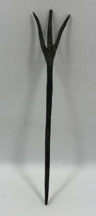 Roman Bronze Fork 2nd Century BC/AD: Title: Roman Bronze Fork Medium: Bronze Origin/Year: Roman Empire, 2nd Century BC/AD Dimensions: Approximately 10 inches in length Condition: Good, with signs of age and wear Provenance: Acquir