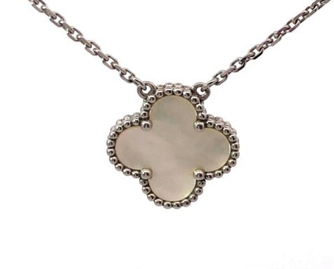 Van Cleef & Arpels Vintage Alhambra White Mother of Pearl 18K White Gold Pendant Necklace: Title/Medium: Van Cleef & Arpels Vintage Alhambra White Mother of Pearl 18K White Gold Pendant Necklace Origin/Year: Contemporary Dimensions: Approx. 16 inches (length) Condition: Excellent pre-owned