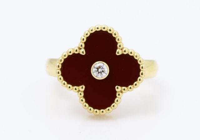 Van Cleef & Arpels Vintage Alhambra Red Carnelian & Diamond 18K Gold Ring (1 of 6)