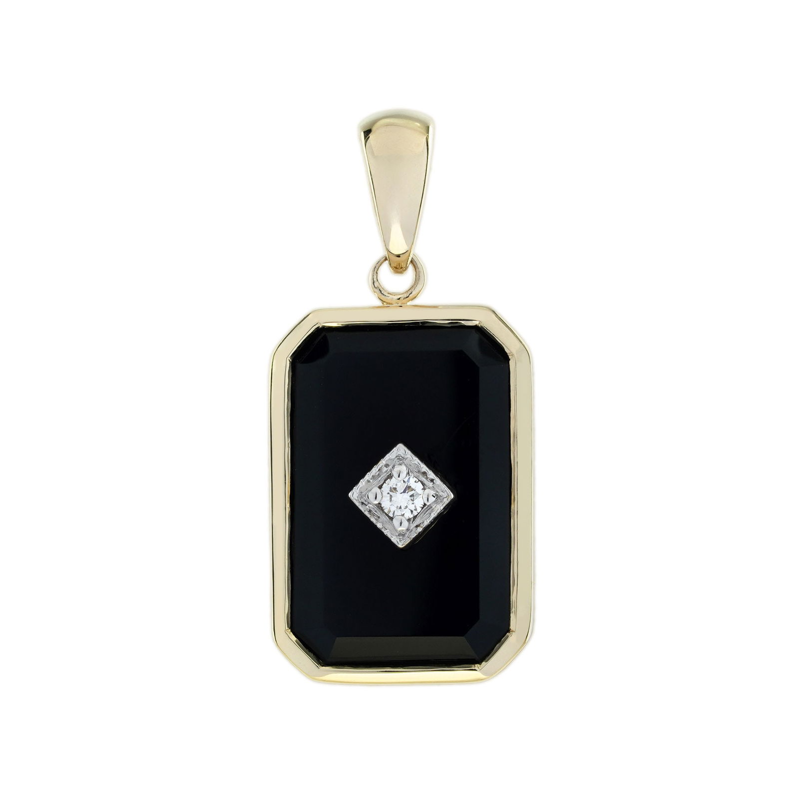 Art Deco Diamond & Onyx Yellow Gold Pendant: Title/Medium: Art Deco Diamond & Onyx Pendant Origin/Year: Contemporary Dimensions: Width: 11 mm, Length: 25 mm (excluding chain) Condition: New, excellent condition Provenance: Handmade, 14K Yellow G