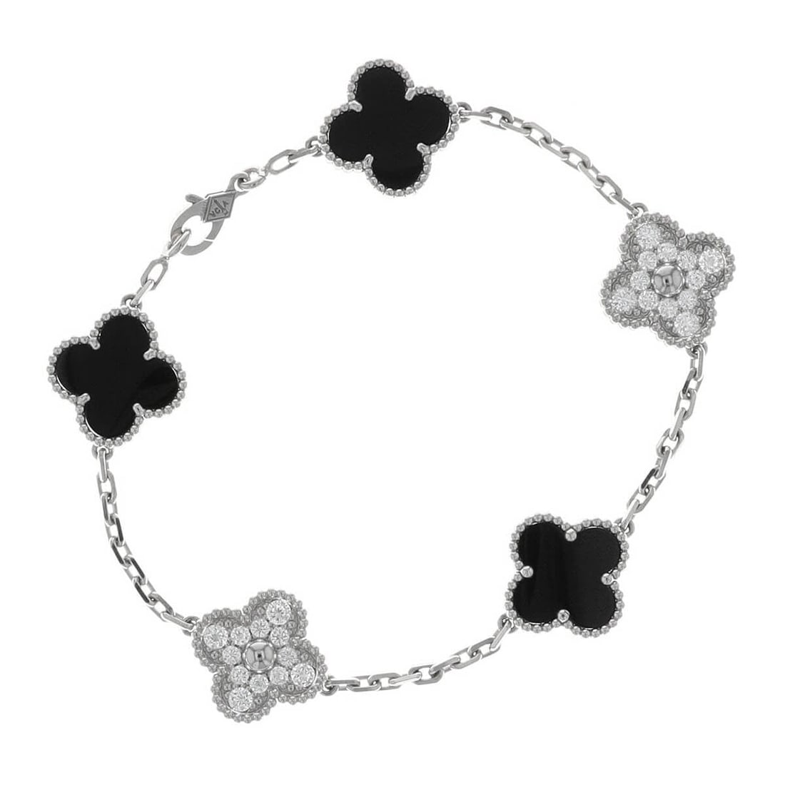 Van Cleef & Arpels Vintage Alhambra Black Onyx & Diamond Pave 5 Motif 18K White Gold Bracelet: Title/Medium: Van Cleef & Arpels Alhambra Bracelet in Gold Origin/Year: France, Circa 2020-2024 Dimensions: Length: 19 cm, Width: 1.5 cm, Thickness: 0.3 cm Condition: Excellent vintage condition Prove