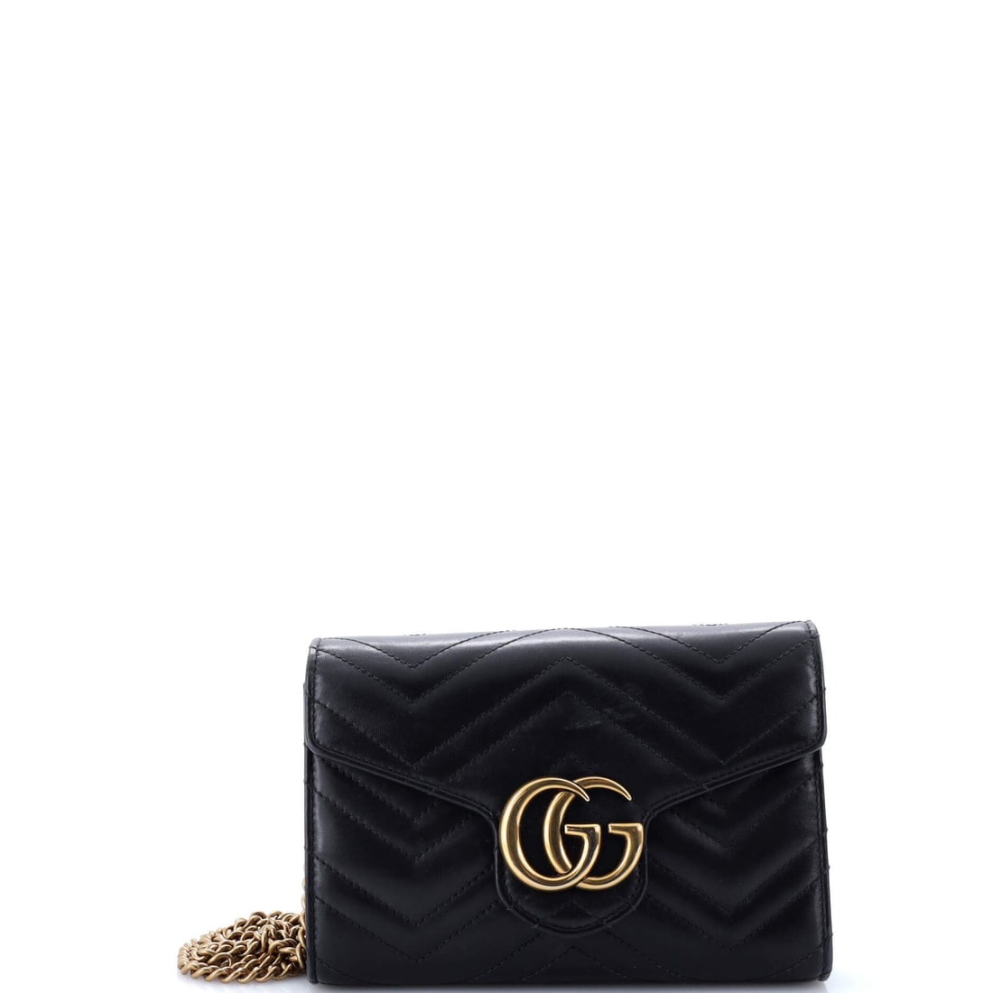 Gucci GG Marmont Mini Chain Wallet Black Leather: Title: Gucci GG Marmont Chain Wallet - Black Leather Origin/Year: Gucci, contemporary design Dimensions: Height: 5 inches Width: 8 inches Depth: 2 inches Strap Drop: 23 inches