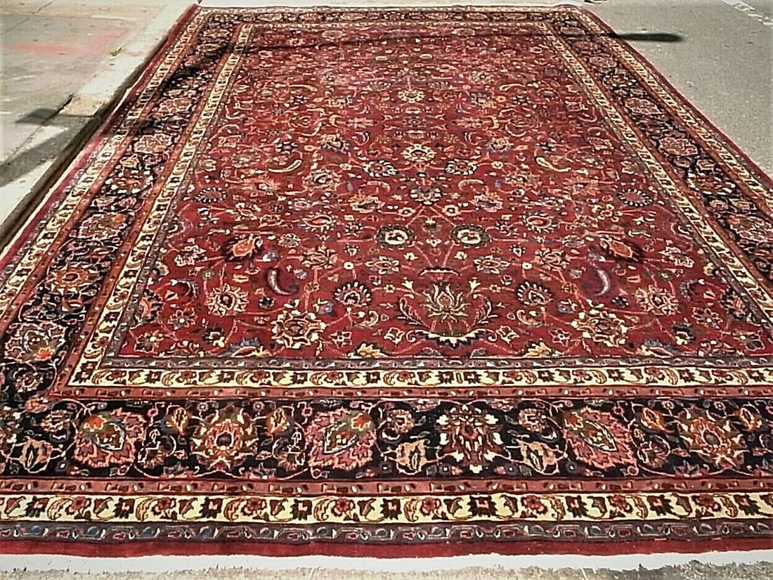 Persian Antique Meshed Carpet 10'x15': Title/Medium: Hand woven middle eastern M-eshed carpet Origin/Year: Persia Dimensions: 10' x 15' Condition: Good Provenance: Antique Additional Info: Rich red coloration Intricat