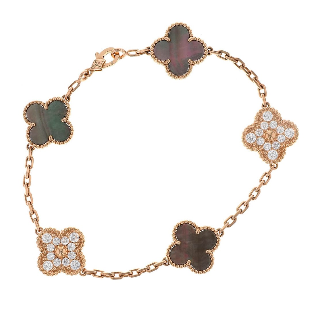 Van Cleef & Arpels Vintage Alhambra Diamond & Grey MotherofPearl 18K Rose Gold Bracelet: Title: Van Cleef & Arpels Vintage Alhambra Diamond & Grey Mother of Pearl 18K Rose Gold Bracelet Origin / Year: France, modern Condition: Very good pre-owned condition. Please review all photographs f