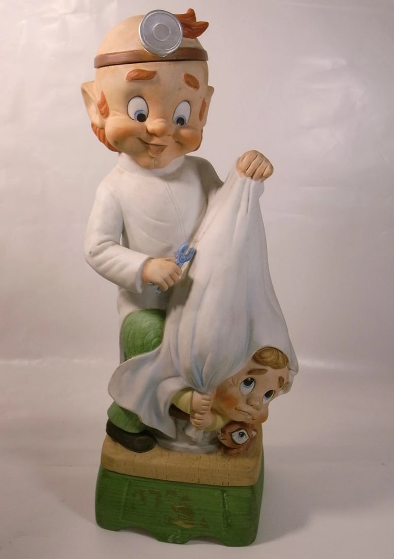 Hoffman Dentist Statue & Music Box 12.6 in: Title/Medium: Japanese Bisque Painted Statue Origin/Year: Hoffman Distilling Co., 1979 Dimensions: 12.6 in Condition: Excellent, minimal wear Provenance: From the 'Mr. Lucky Series' collection Addi