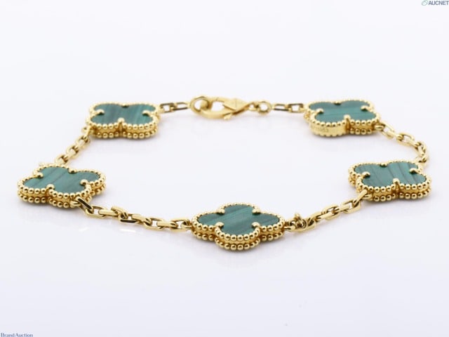 Van Cleef & Arpels Vintage Alhambra Green Malachite 5 Motif 18K Yellow Gold Bracelet (1 of 3)