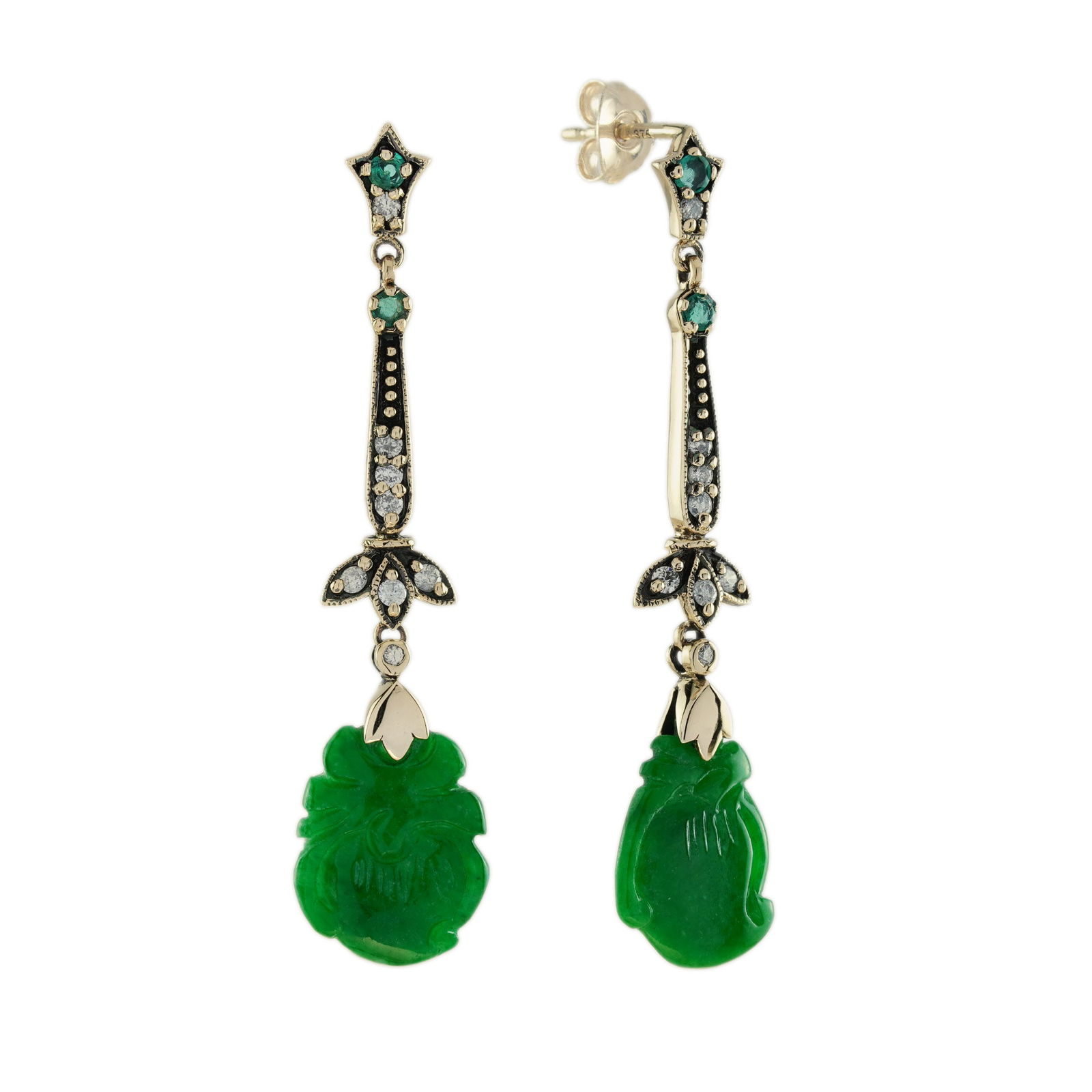 Vintage Carved Jade Emerald Diamond Earrings (1 of 5)
