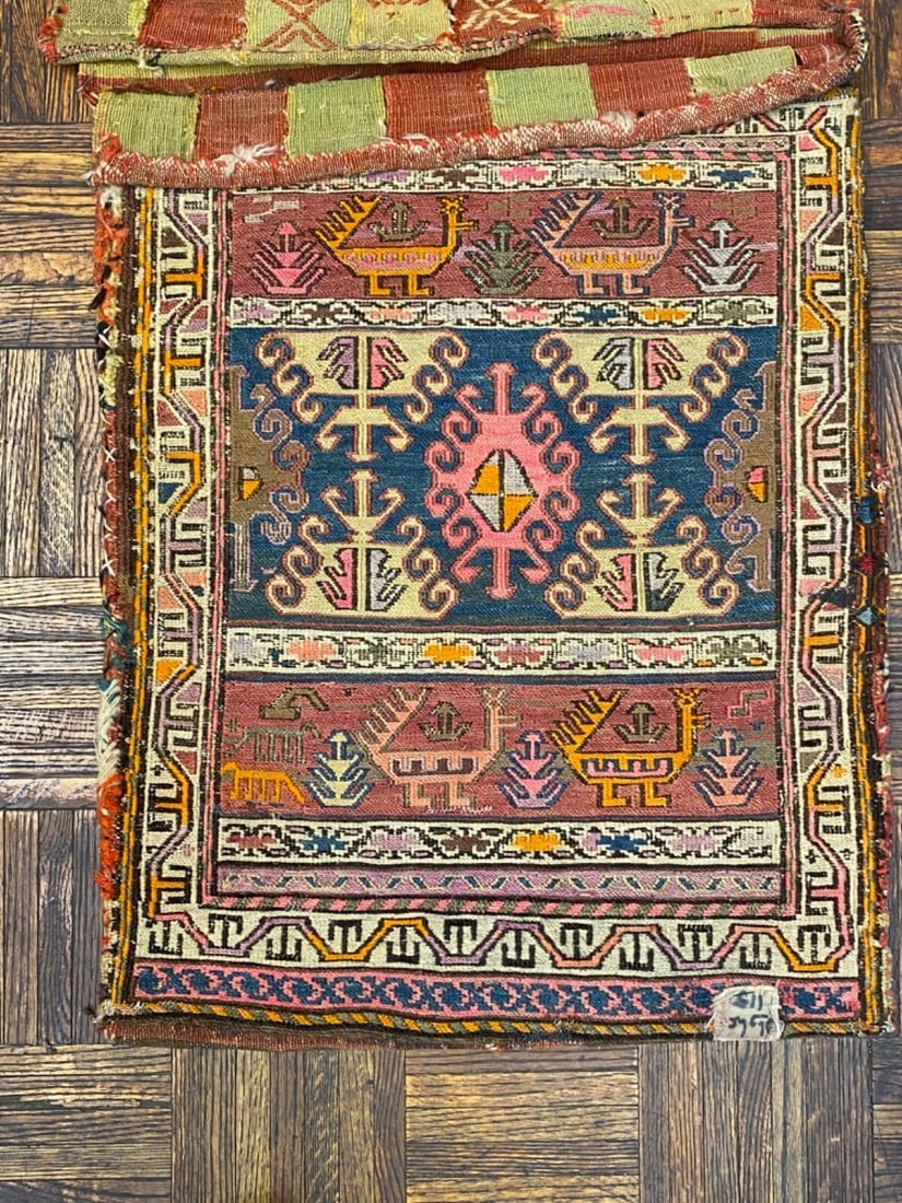 Shahseven Saddle Bag, Antique Textiles 1890: Title/Medium: Shahseven Saddle Bag Origin/Year: Shahseven, ca. 1890 Dimensions: 2 ft x 4 ft Condition: Good, with visible repairs and patches Provenance: Private Collection Additional Info: