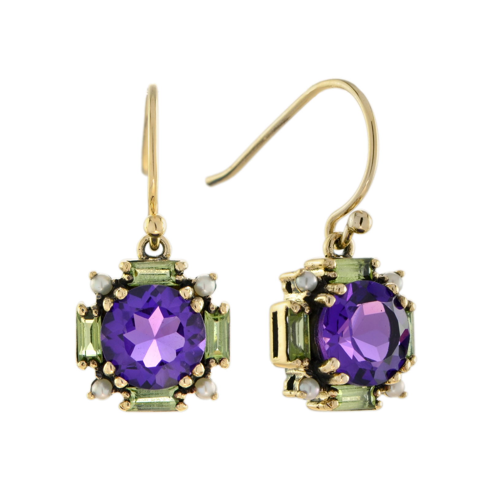 Amethyst & Peridot 9K Gold Dangle Earrings: Title/Medium: Amethyst & Peridot Dangle Earrings 9K Yellow Gold Dimensions:Width: 12 mmLength: 25 mmWeight: 4.45 g (approx.)Condition: Excellent Provenance: Private Collection Additional