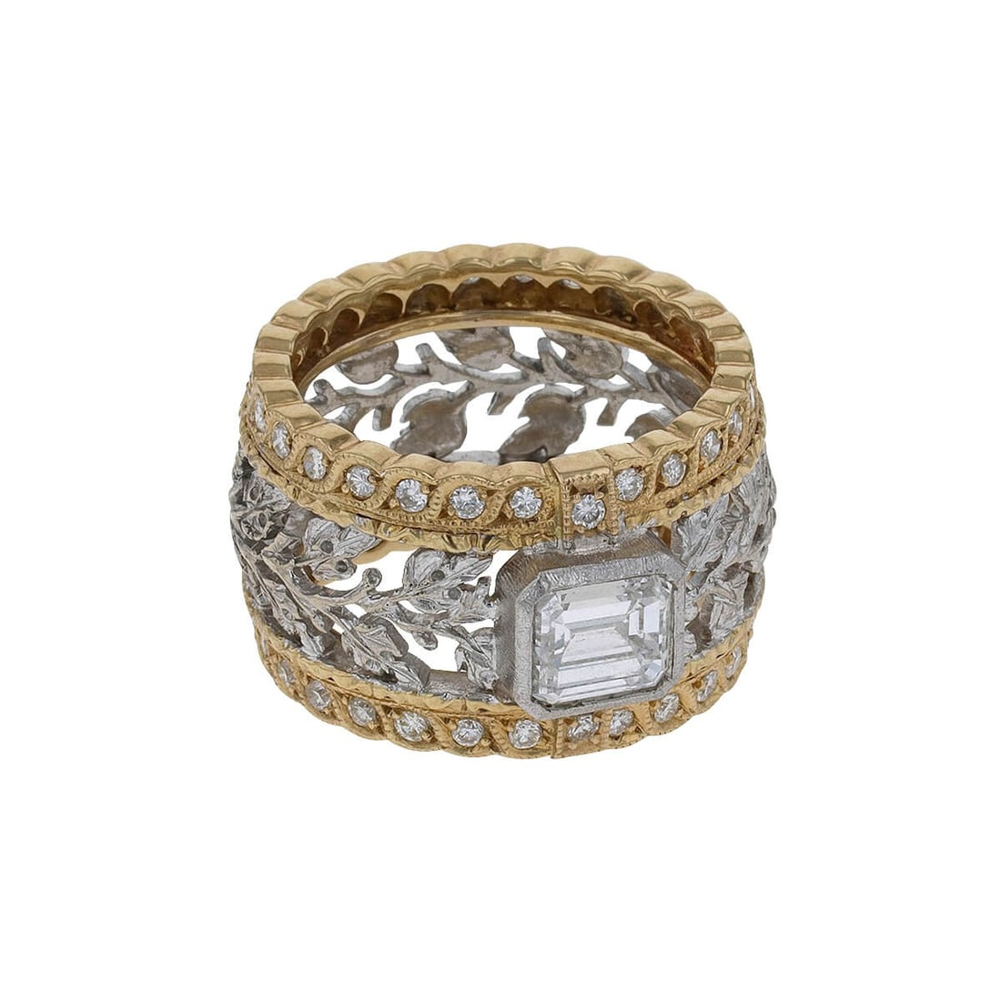 Buccellati Two-Tone Gold Diamond Ring: Title/Medium: Buccellati Two-Tone Gold Diamond Ring Origin/Year: Modern Dimensions: Width: 1.3 cm, Thickness: 0.4 cm Condition: Excellent Provenance: Buccellati Additional Info: Ring Size: 49,