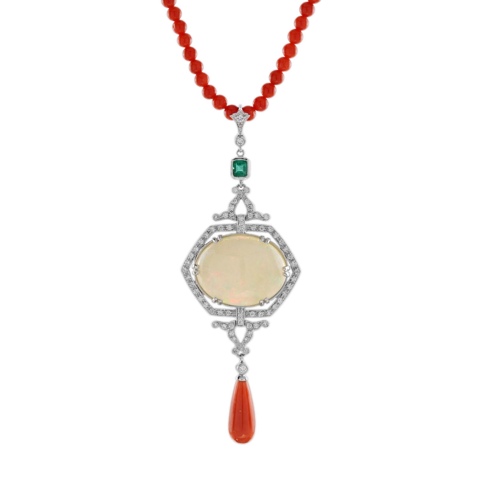12.42 Ct. Ethiopian Opal & Coral Art Deco Necklace: Title/Medium: 12.42 Ct. Ethiopian Opal & Coral Art Deco Necklace Origin/Year: Art Deco Style Dimensions:Necklace Length: 17.7 inchesOpal Size: 16.5 x 15.5 mmWidth: 28 mmLength of Pendant: 77 mm