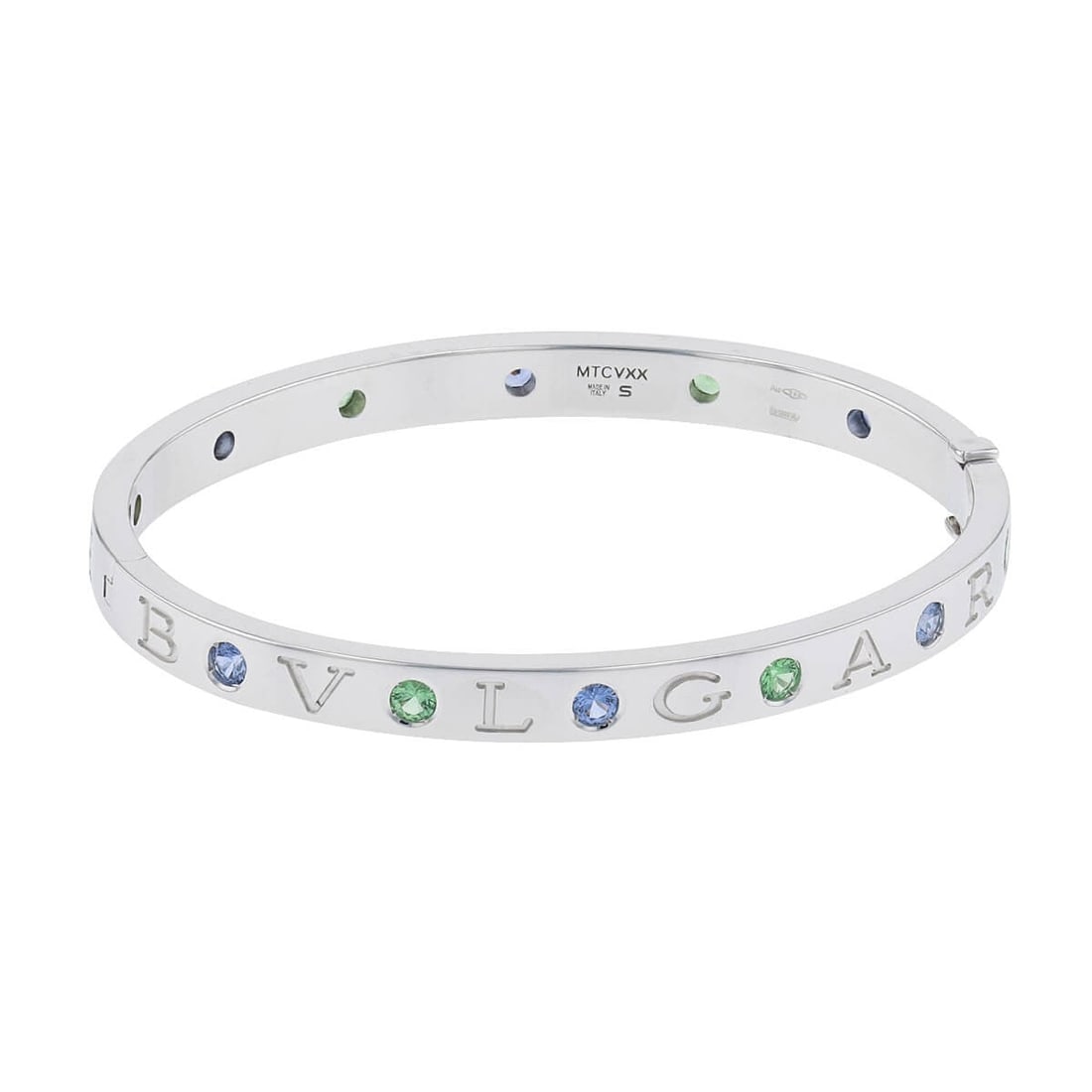 Bulgari Roman Sorbet Bracelet with Sapphires: Title: Bulgari Roman Sorbet Bracelet with Sapphires Medium: 18k White Gold, Sapphires, Tsavorite Garnets Origin/Year: Modern Dimensions: Width: 0.5 cm, Length: 15 cm, Weight: 30 g Condition: Excellent