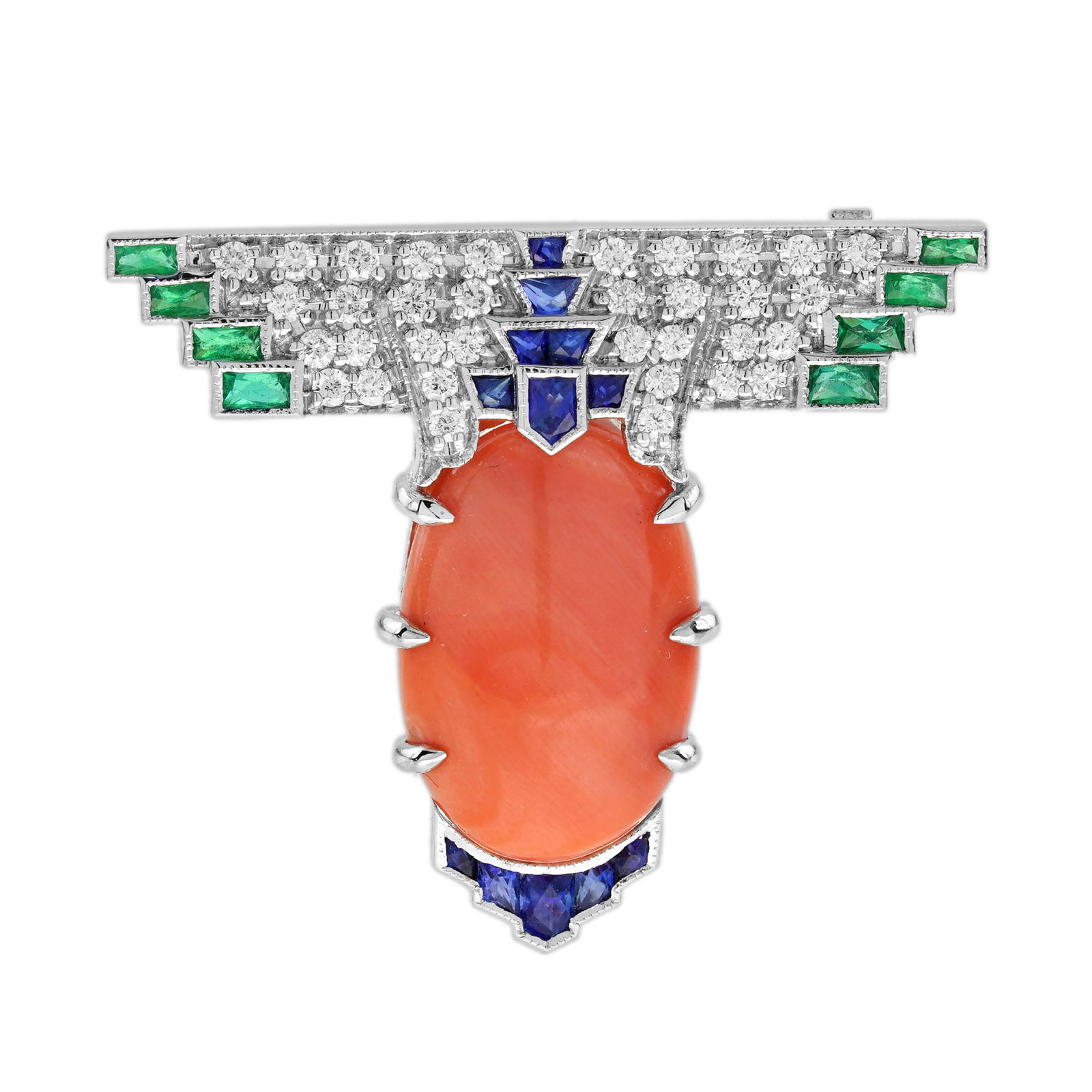 Art Deco Coral Sapphire Emerald Diamond Brooch (1 of 6)