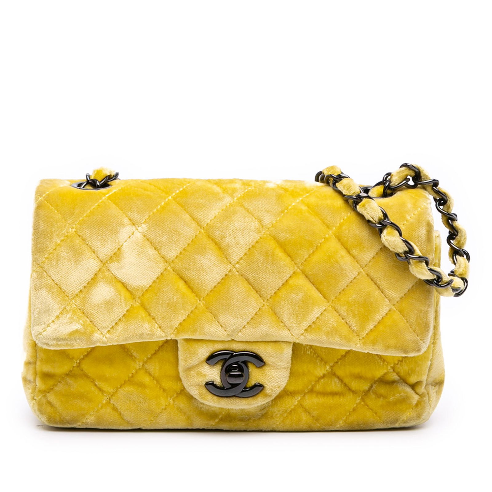 Chanel Mini Velvet Flap Bag - Yellow: Title: Chanel Mini Velvet Flap Bag - Yellow Medium: Velvet Origin/Year: Chanel Dimensions: One Size Condition: Excellent Provenance: Authentic Chanel item Additional Info: Chai