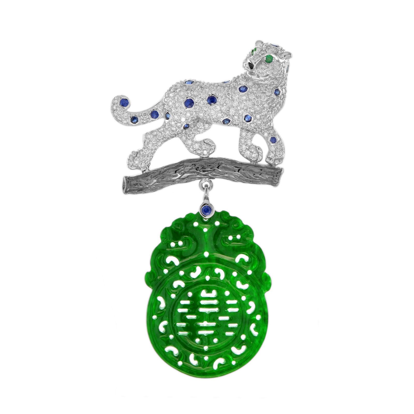14K White Gold Panther Brooch with Jade & Diamonds (1 of 8)